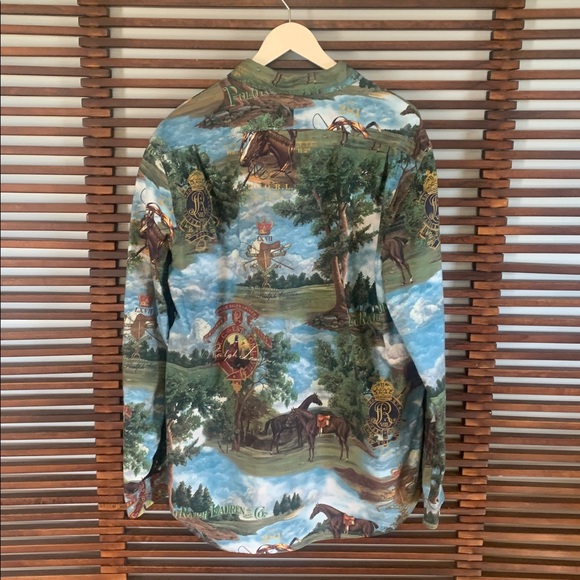 🎉NEW LISTING!🎉Polo Ralph Lauren Equestrian Print Button-Up Shirt in Blue & Green - Picture 5 of 7